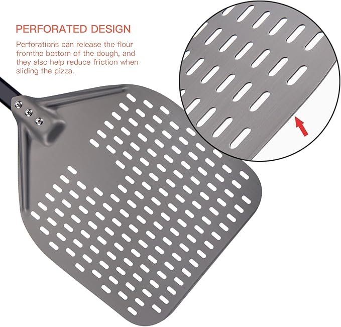 G.a HOMEFAVOR 12"x 15" Perforated Pizza Peel 47 Inch overall, Rectangular Aluminum Pizza Turning Peel with Extended Silcone Handle For Baking Pizza Brick Oven