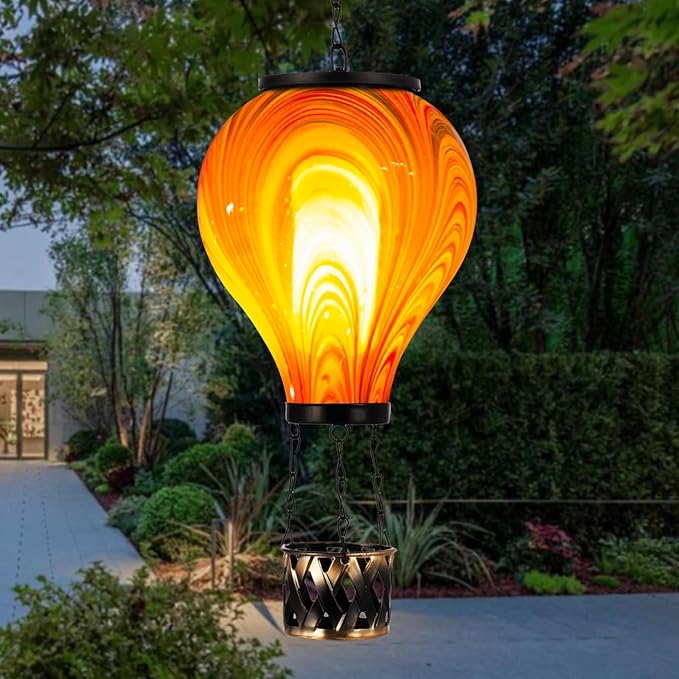 2PCS Solar Hot Air Balloon Lantern with Flame Flickering Light Tie-Dye Glass Hot Air Balloon Solar Lanterns Outdoor Waterproof Hanging Garden Light for Patio Porch Yard Decor,Gift for Women