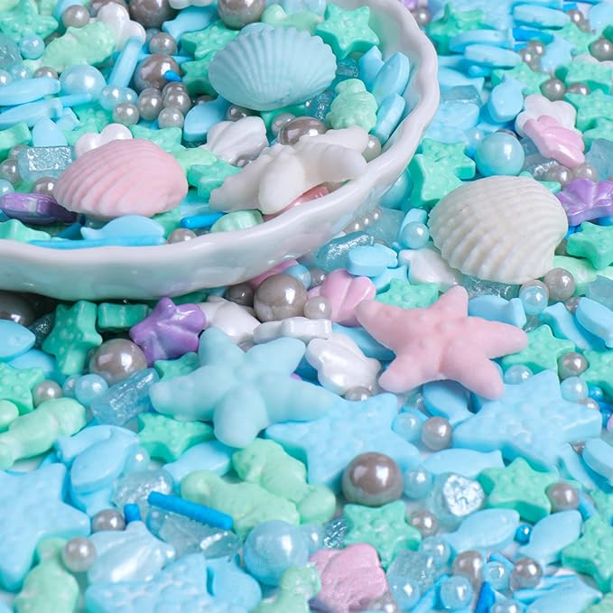 Ocean Sprinkles for Cake Decorating, Shell, Seahorse, Starfish, Fish & Pearl Sugar Mix for Cupcakes Cookies and Ice Cream Toppings