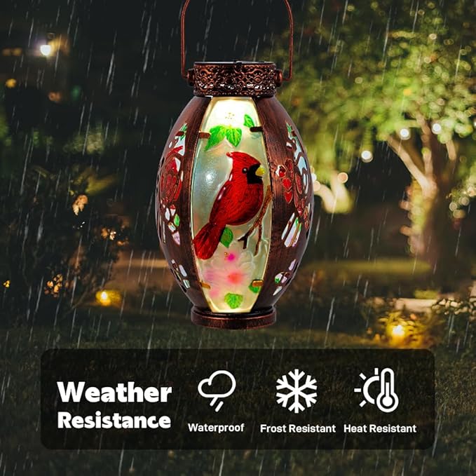 Starsoul Cardinal Outdoor Solar Lantern - Metal & Stained Glass Cardinal Solar Light, Waterproof Tabletop Lamp with Hollowed-Out Design for Yard, Patio, Garden, Pathway