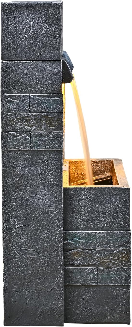 34.65'' Outdoor Garden Cascading Stone Floor-Standing Waterfall Fountain with LED Lights for Patio, Backyard, Deck, Porch and Home Art Decor