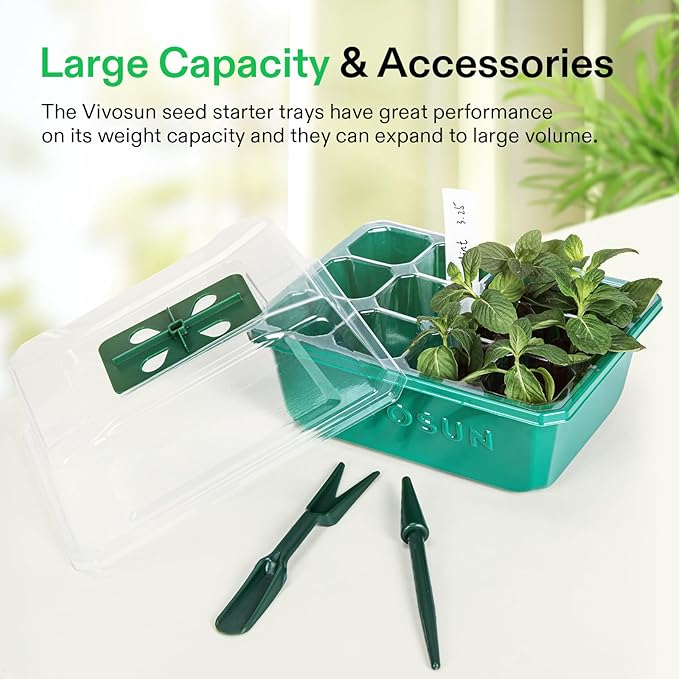VIVOSUN 6-Pack Seed Starter Trays, 72-Cell Seed Starter Kit with Humidity Dome, Flat Reusable Plant Germination Trays with Drain Hole, Green Propagation Tray for Planting Seeds