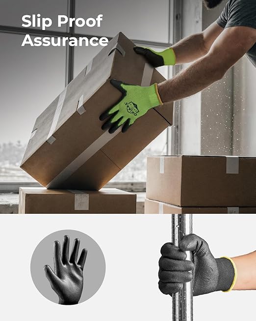 OKIAAS Work Gloves for Men, Ultra Thin and Lightweight Working Gloves with Grip, 12 Pairs Bulk Pack Construction Gloves with Polyurethane Coating for Light Duty Work (Green, X-Large)