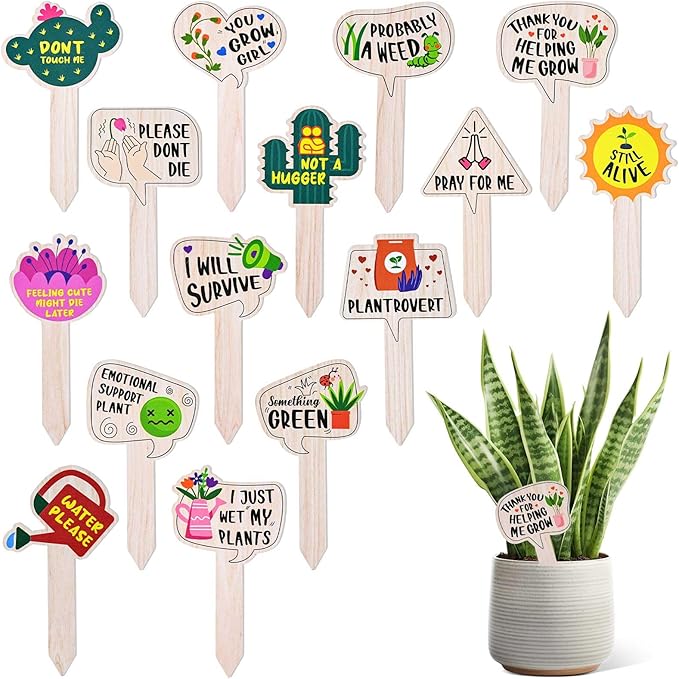 Funny Plant Labels - 15 Pack Garden Markers for Succulent Flowers, Greenery, Seedling Plants - Waterproof, Outdoor/Indoor Patio Tags, Garden Stakes