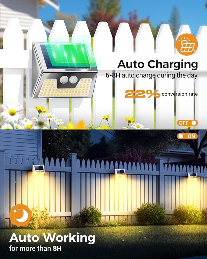 4 Pack Solar Lights Outdoor Motion Sensor, Waterproof Fence Lights 3 Lighting Mode, Warm White LED Outside Light Wireless for Fence Wall Yard Steps Stairs Garden -Stainless Steel