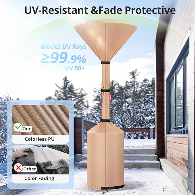QH.HOME Winter Patio Heater Covers, [2025 Upgraded Tear-Resistant Fabric] Waterproof with Robust Zipper ,Height fit 87"-92",Dustproof/Wind/Sunlight/Snow-Resistant, Camel