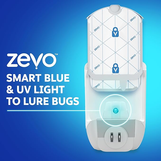 Zevo 4 Flying Insect Traps & 4 Cartridges - Plug In Fly Trap & Indoor Bug Catcher for Gnats, House & Fruit Flies - Mess-Free - Use in Any Room - Uses Blue & UV Light (4 Plug In Devices & 4 Cartridges)