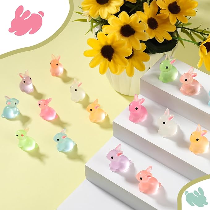 140Pcs Mini Resin Luminous Bunnies Glow in Dark Resin Rabbit Figures for Fairy Garden Luminous Mini Portrait Fairy Garden DIY Christmas Party Ornament Accessories Charms Party Favors