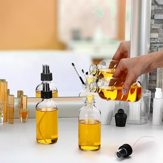 Norme 12 Pcs 8 oz Glass Spray Bottles with Funnels and Labels Refillable Cosmetic Empty Spray Bottles with Sprayer Containers for Essential Oil Cleaning Solutions(Clear,Stylish)