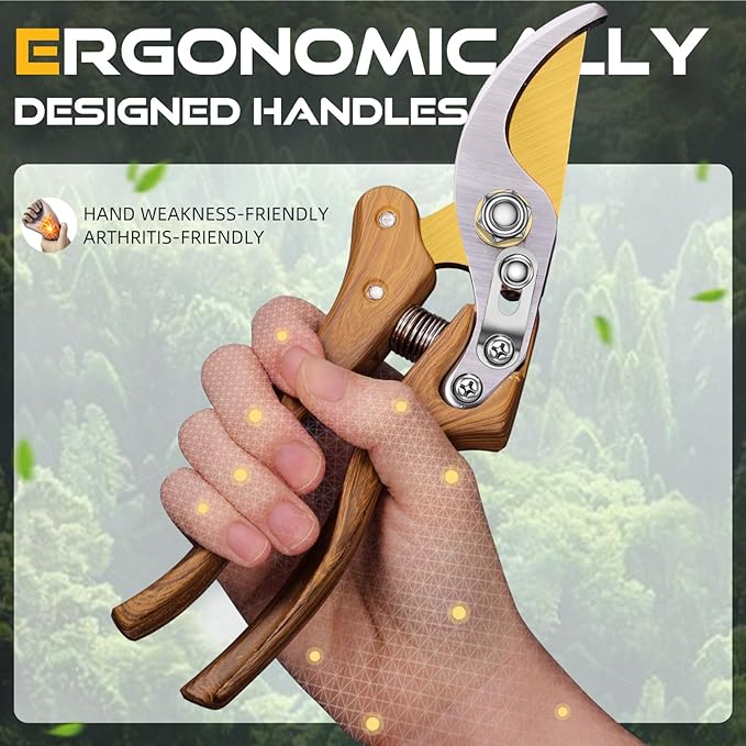 8.5" Professional Bypass Pruning Shears – Heavy Duty Garden Scissors & Clippers for Wood & Tree Trimming, Ultra Sharp SK5 Blade, Ergonomic Handle, Perfect Gardening Gift, 2025 Wood-Like Finish