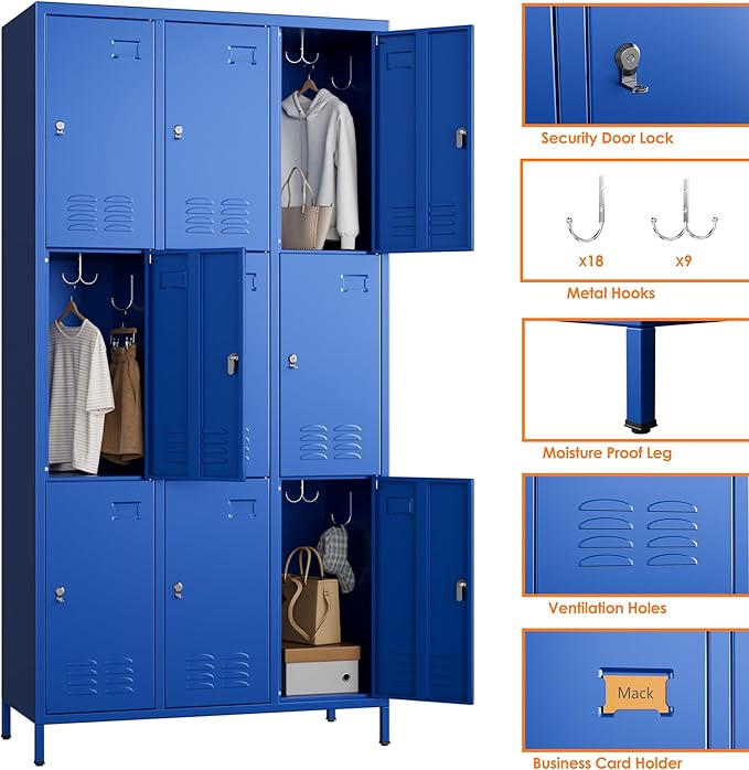 9 Doors Metal Lockers for Employees with 27 Hooks, Storage Locker with Business Card Holder for Office Gym School Bedroom, Assembly Required, Blue