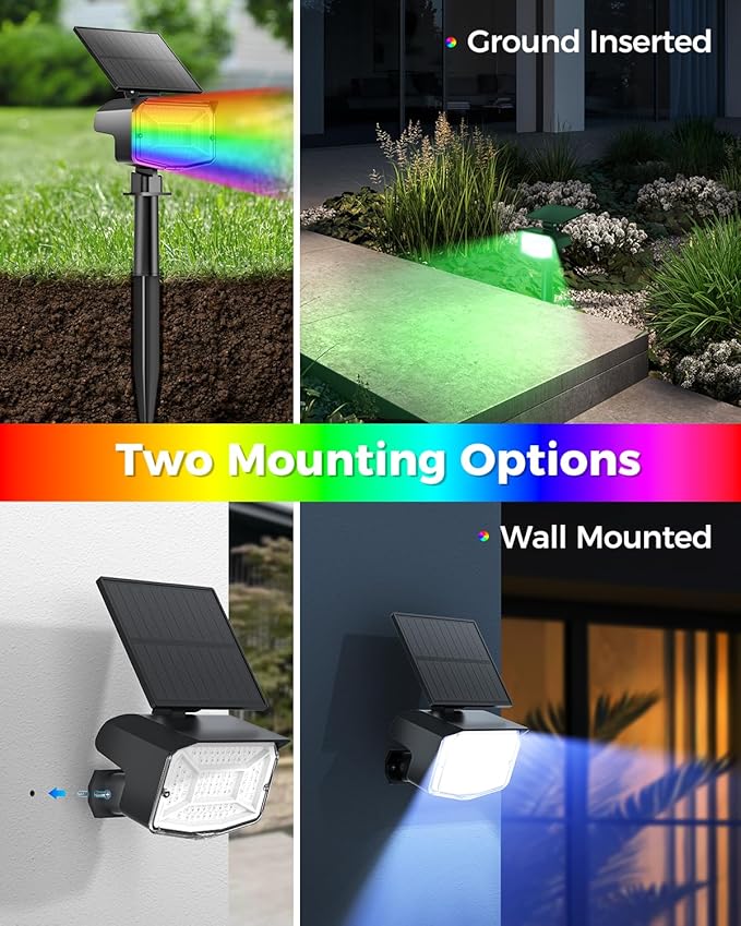 Solar Lights Outdoor Color Changing, 85 LEDs 9 Lighting Modes RGB Solar Outdoor Lights, IP67 Waterproof Multicolor Landscape Spotlights for Halloween Holiday Decorations (2 Pack)