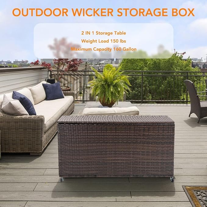 Outdoor 170 Gallon Water-Resistant Wicker Storage Box with Wheels, PE Rattan Deck Box with Waterproof Liner for Outside, Patio Storage Container with Hinged Lid, Horizontal Bin, Brown