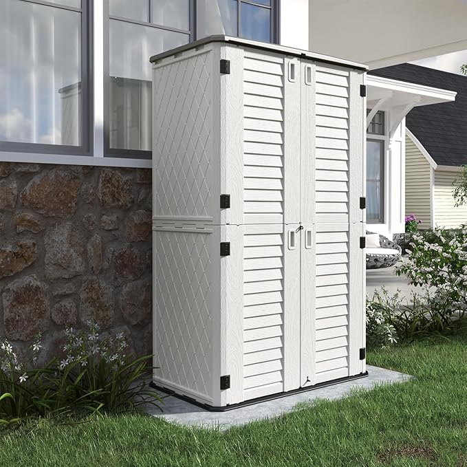 KINYING Outdoor Storage Cabinet Waterproof, Resin Vertical Outdoor Storage Shed for Patio Furniture, Garden Tools, Pool Accessories, Mower Storage (66 Cu.ft, Off White)