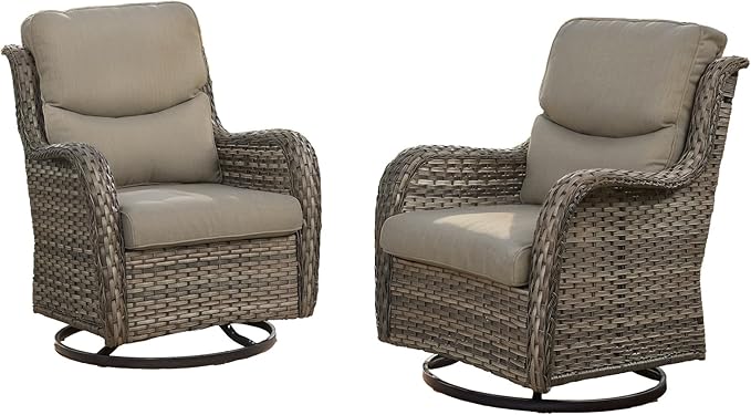 HUMMUH Outdoor Rocking Chair-Outdoor Swivel Chairs Set of 2 with 5" Thick Cushions Wicker Patio Chairs for Deck Porch Garden Poolside Backyard-Grey/Grey