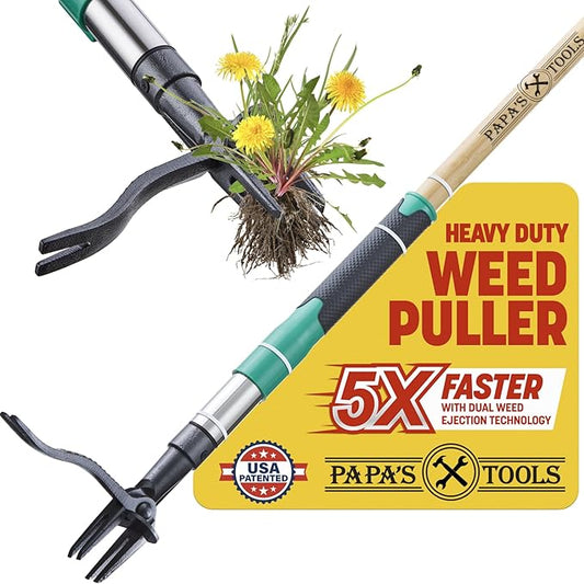 Papa's Tools Weed Puller Tool, 44" Stand Up Weeder Garden Tools & 4 Claw Steel Head, Dual Weed Eject Tech. Made with Real Bamboo & Long Wooden Handle, Yard Weeding Remover for Gardening Men & Women