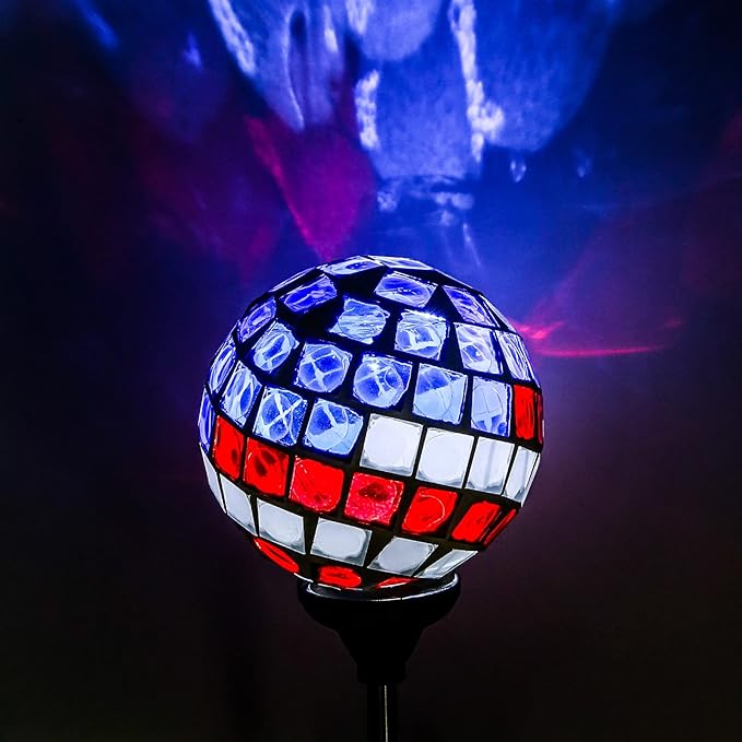 WNP Solar Powered Outdoor Garden Light Stakes Decoration,Mosaic Globe 4th of July Stake Solar Light Garden Decor,Solar Glow Glass Ball Lights Waterproof Decor Light for Patio Pathway,Yard