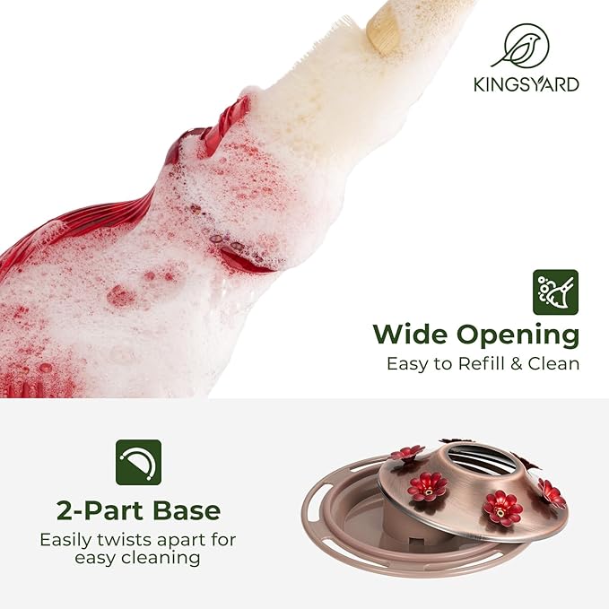 Kingsyard Glass Hummingbird Feeders for Outdoors, 24 oz Hummingbird Nectar Feeder for Outdoors Garden Porch Fall Decorations, 6 Feeding Ports, Ant Moat Included, Easy to Clean & Refill, Red