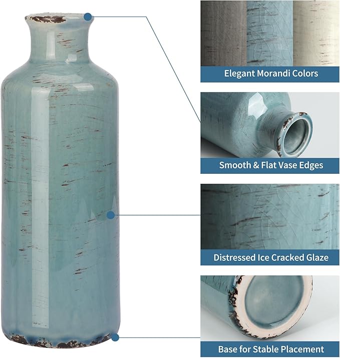 CUCUMI Ceramic Flower Vases Set of 3, Rustic Coastal Home Decor for Farmhouse Shelves, Ocean Beach Style, Mantle, Fireplace, Coffee Table, Shelf for Living Room