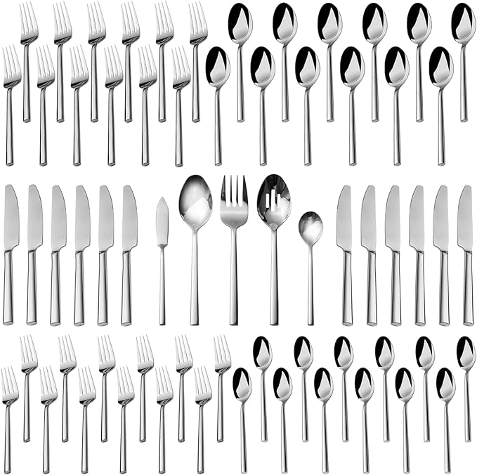 Alata Potter 65-Piece Forged Silverware Set, Service for 12 – Premium Stainless Steel Flatware Set, Modern Design with Satin Finish, Ideal for Home, Kitchen, Party, Camping