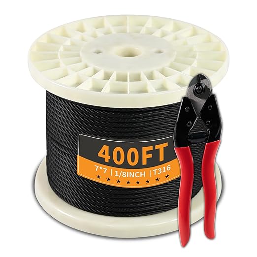 400FT 1/8" Stainless Steel Cable Black 7x7 Strands Aircraft Cable T316 Wire Rope with Cable Cutter 1800lbs Breaking Strength Metal Wire Cable for Deck Cable Railing, Stair, Fence, DIY Balustrades