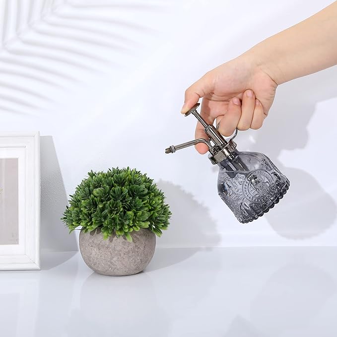 Glass Plant Mister Spray Bottle, Vintage Plant Water Spritzer, Succulent Spray Bottle with Top Pump, Small Glass Sprayer Mister Watering Can for Indoor Outdoor Houseplant - Grey