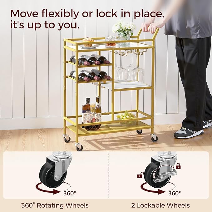 Bar Cart for Home, 3-Tier Serving Cart with Mirrored Top, Beverage Cart with Wine Rack and Glass Holder, Drink Cart with Wheels, for Dining Room, Living Room, Gold and White RCJM7101