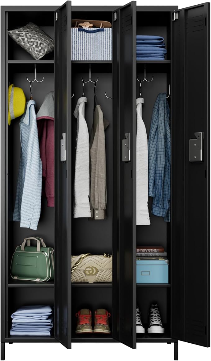 METAN Metal Locker for School Office Gym Bedroom,3 Doors Steel Storage Locker Cabinet for Employees,Industrial Storage Locker with 2 Shelves,Assembly Required (3 Door-Black)