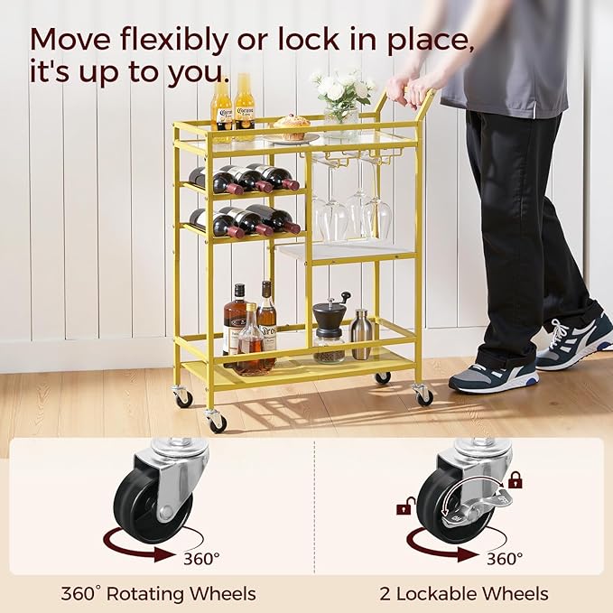 Bar Cart for Home, 3-Tier Serving Cart with Glass Top, Beverage Cart with Wine Rack and Glass Holder, Drink Cart with Wheels, for Dining Room, Living Room, Gold and White RCJM71B01