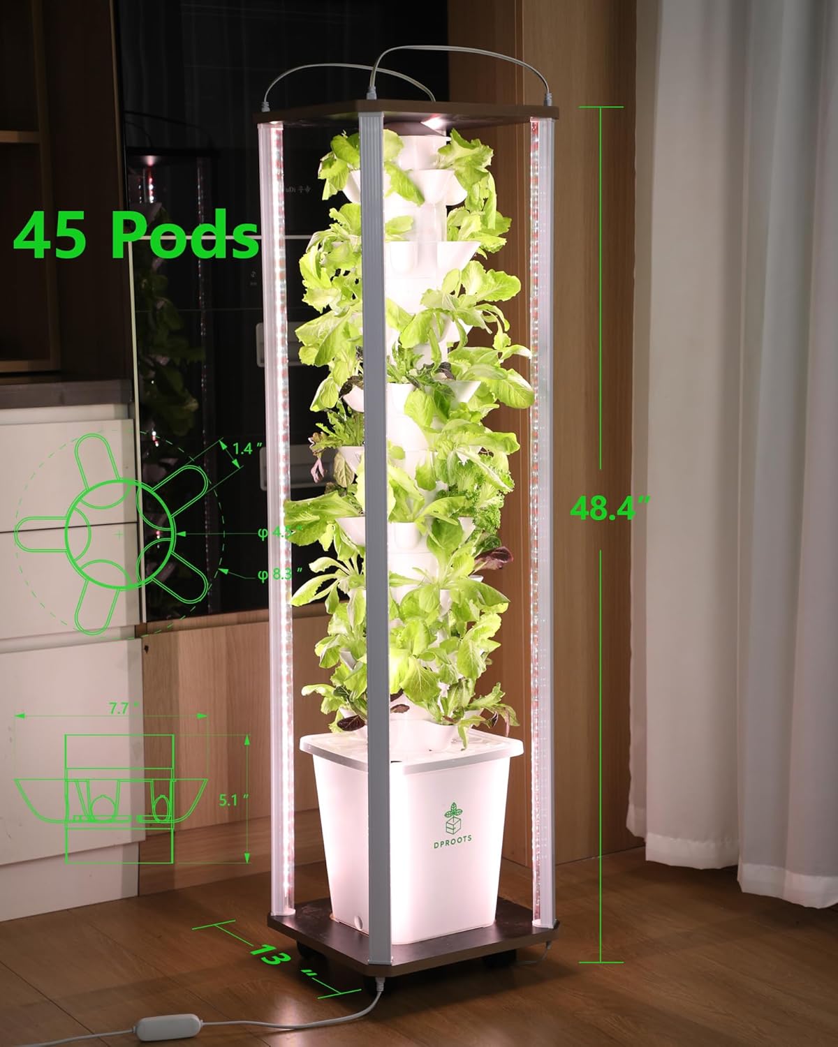 Hydroponics Tower Growing System，45 Pods Vertical Indoor Garden，360° Full-Spectrum Lights, Automatic Water Circulation System，Suitable for Leafy Greens and Herbs，Include Seed Starter Tray