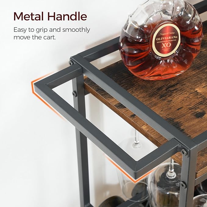 Bar Cart for Home, 3-Tier Serving Cart with Wine Rack, Rolling Wine Cart with Glass Holders, Beverage Cart, for Living Room, Dining Room, Rustic Brown and Black RCHR11801