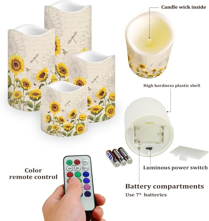 Ystardream Elegant Sunflower Flameless Candles Color Changing LED Candles with Remote Control Battery Candles for Outdoor and Indoor Home and Room Decoration,Backpack Set of 4 Piece