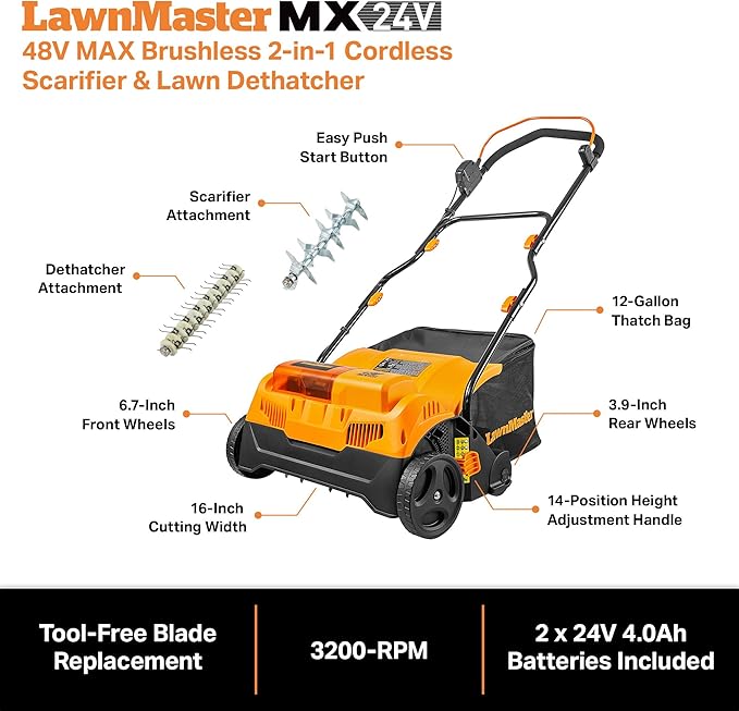 LawnMaster 48V MAX Brushless 16” Cordless Scarifier & Dethatcher with Removable Thatch Collection Bag Quick-Fold – CLGVB4816