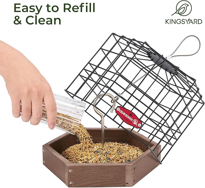 Kingsyard Squirrel Proof Platform Bird Feeders for Outdoor Hanging, Caged Bird Feeder for Small Wildbirds Finches, Recycled Plastic Feeding Platform with Metal Seed Tray, Brown
