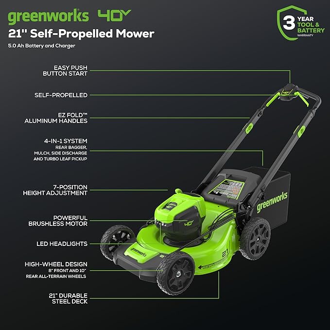 Greenworks 40V 21" Brushless Cordless (Self-Propelled) Lawn Mower (LED Headlight + Aluminum Handles), 5.0Ah Battery and Charger Included (75+ Compatible Tools)