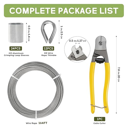 1/8 Inch Stainless Steel Cable Kit 164FT, 7 x 7 Strands Wire Rope with Aluminium Sleeves & Thimbles for Deck Railing, String Light Hanging, Shade Sail, Garden and DIY Projects