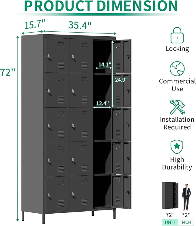 Metal Lockers for Employees, Storage Employee Locker, 72" Storage Lockers with Shelves Steel Cabinet for Home (Black, 15 Door)