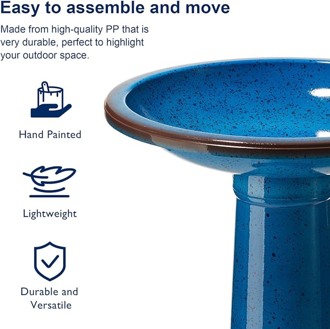 Glitzhome 21.5" H Plastic Cobalt Blue Faux Ceramic Bird Bath for Outside, Hand-Painted Tall Pedestal Style Birdbath for Outdoor Patio Garden Backyard Decking