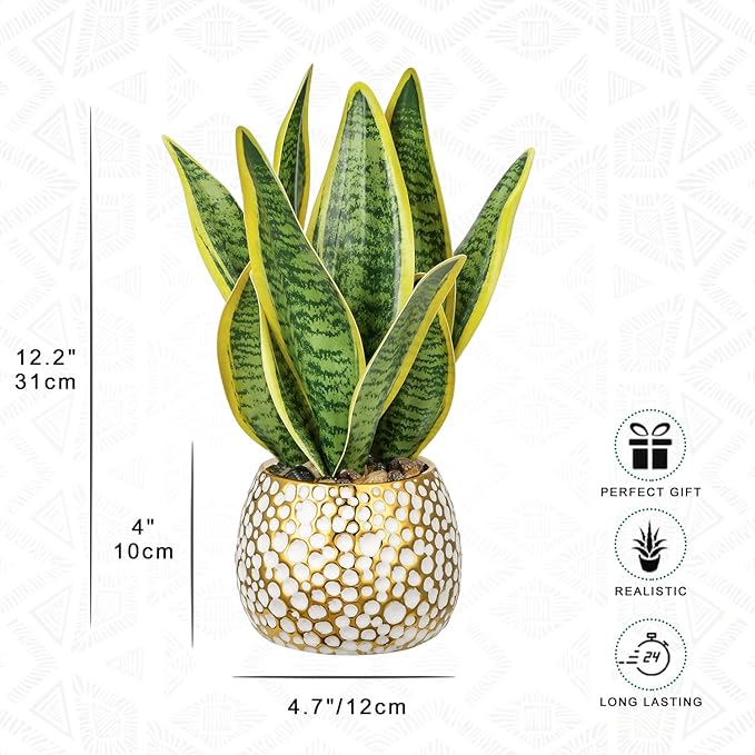Hollyone Artificial Snake Plant Potted Faux Sansevieria Trifasciata Plants, 13" Tropical Fake Plants in Ceramic Pots for Home Office Room Indoor Decor Housewarming Gifts