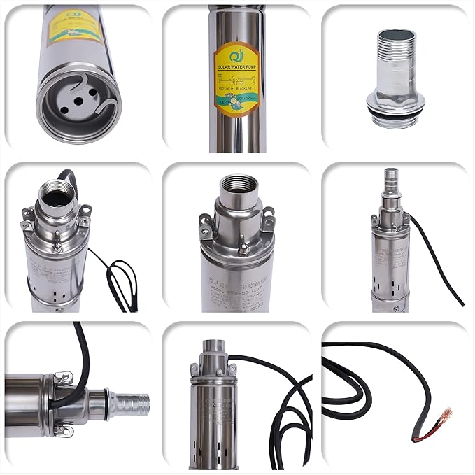 Submersible Deep Well Solar Water Pump DC 24V 370W Stainless Steel Agricultural Irrigation Screw Pump, 213ft Lift, 8.8GPM Flow, Solar Water Circulating System