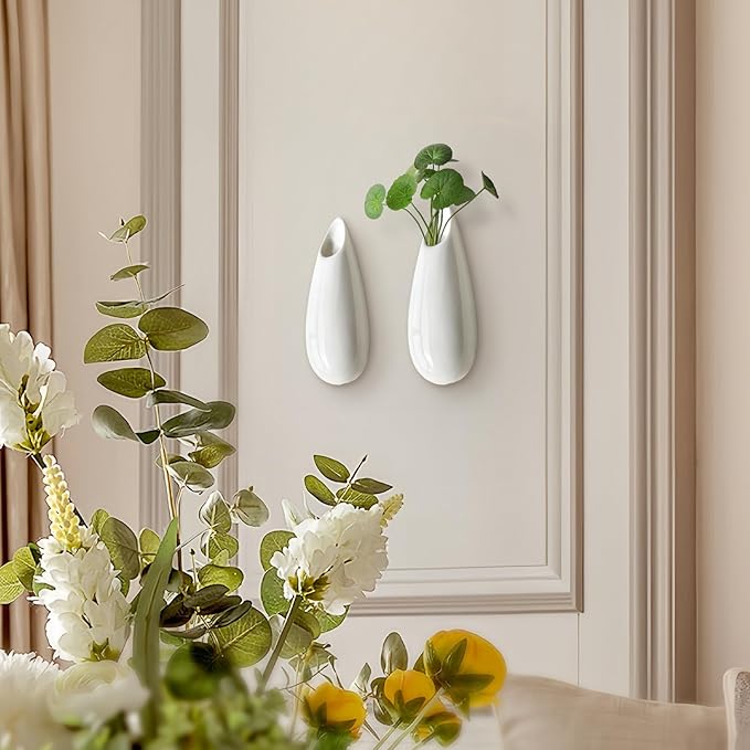 2 Pack White Ceramic Wall Vases,5.9 Inch Wall Hanging Plant Holder,Cubicle Modern Decor Plant Holder Vase for Indoor Plants, Hanging Propagation Flower Pots for Air Vases