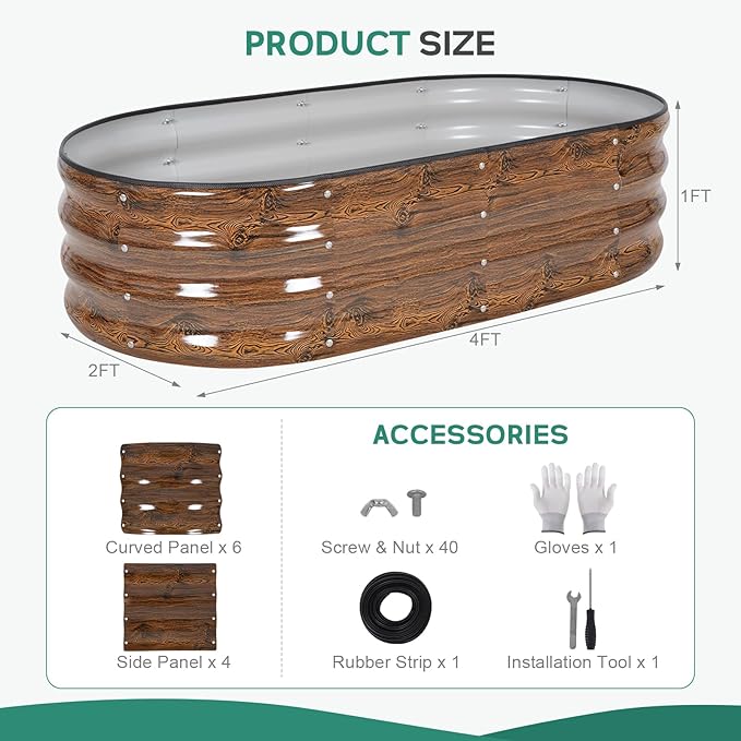 Galvanized Raised Garden Bed Outdoor - 4×2×1ft Planter Raised Beds for Gardening | Oval Metal Garden Planter Box with Safety Edging and Gloves for Vegetables Fruits and Flowers - Grain