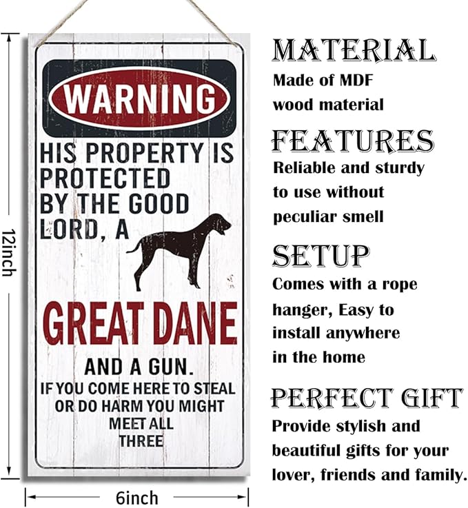 Warning Sign, This Property Is Protected By The Goodlord, A Great Dane And A Gun Warning Wood Plaque Sign, Funny Door Signs, Decorative Wood Hanging Suspension Plaque, Farmhouse Wooden Wall Decor