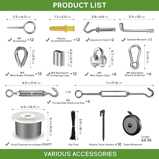 1/8" Wire Rope Kit, 200FT Steel Wire Cable, Vinyl Coated Stainless Steel Cable with Turnbuckles for Outdoor, Garden, Kitchen and Craft Projects