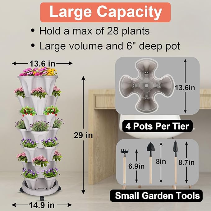 Vertical Planter 7 Tier Stackable Planters Garden Planters Strawberry Herb Flower and Vegetable Planter Indoor Outdoor Gardening Pots with Removable Wheels and Tools