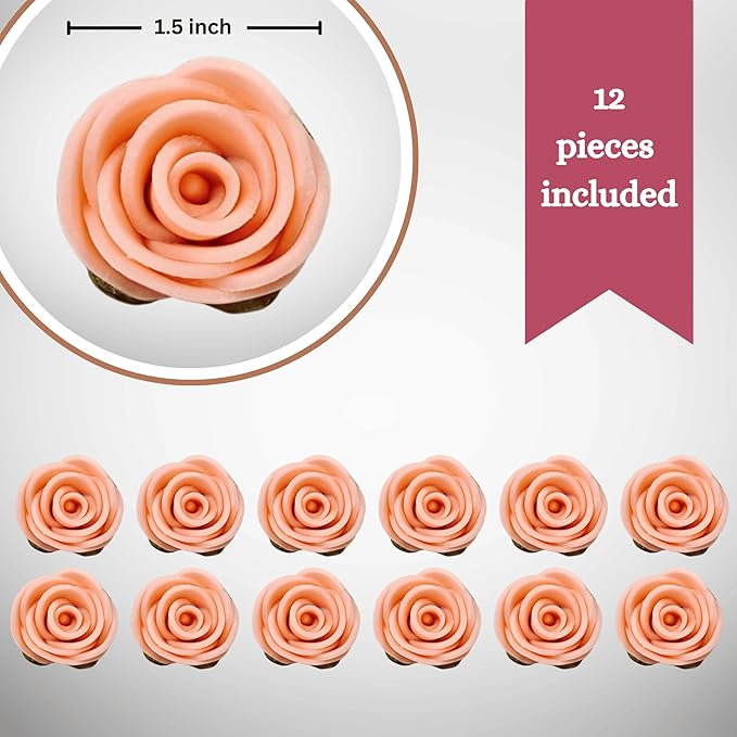 Confect Edible Rose Cake Toppers | Cupcakes & Doughnut Toppers | Roses for Cake Decorations | Edible Pretty Peach Pearl Roses - Vegan, Gluten-Free, Nut-Free, Dairy-Free, Palm Oil-Free -Pack of 12