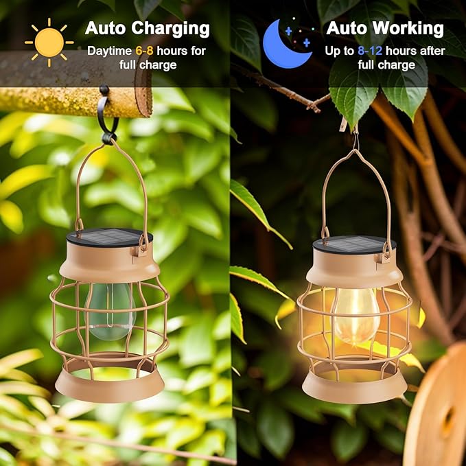 2 Pack Solar Outdoor Lights Metal Hanging Solar for Outside Lights Outdoor Waterproof Retro Design with Edison Bulb Decorative for Patio Porch Fence Garden Lawn