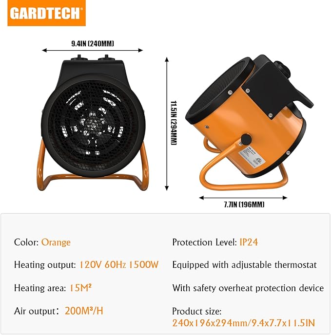 Gardtech Greenhouse Heater with Digital Thermostat, 1500W Portable Outdoor Heater with Overheat Protection, Grow Tent Heaters [Stronger air volume] Fast Heating for Patio, Garage, Flower House(Orange)