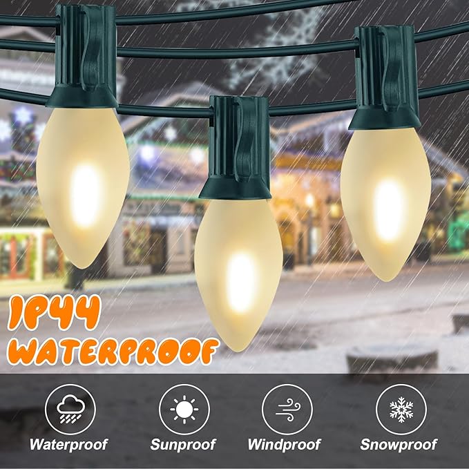 C7 LED Frosted White String Lights Outdoor 25Ft Christmas Decorations String Lights with 27 LED Frosted White Bulbs Hanging Vintage Christmas Lights for Outdoor Patio Garden Backyard Roofline, Green