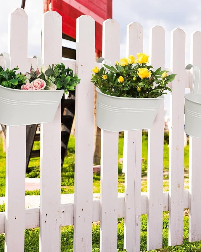 vensovo Metal Railing Planter for Outdoor Plants - 3 Pack Balcony Hanging Flower Pots with Detachable Hooks and Drain Holes Oval Bucket Rail Box Fence Planters for Home Garden Decor, White